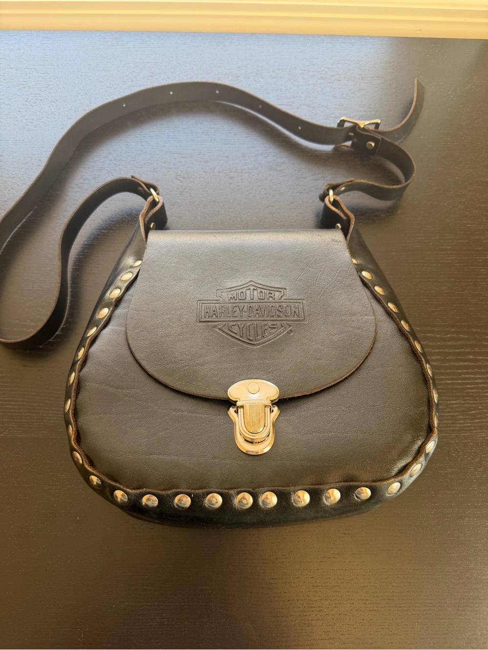 Vintage Harley-Davidson Black Leather Studded Crossbody Bag with Silver Hardware